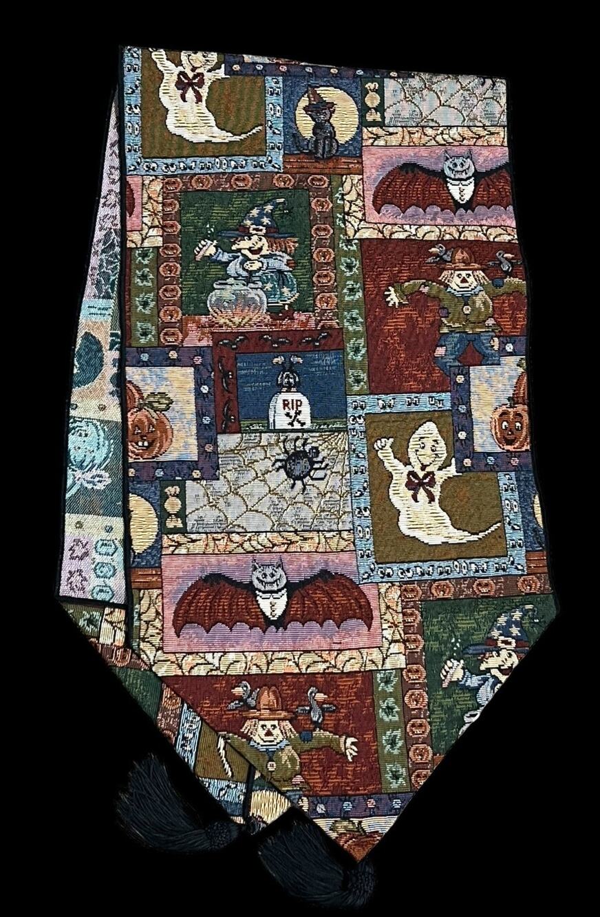 Vintage Halloween Ghost Witches Bat Table Runner Tapestry w/Tassels 52" Long